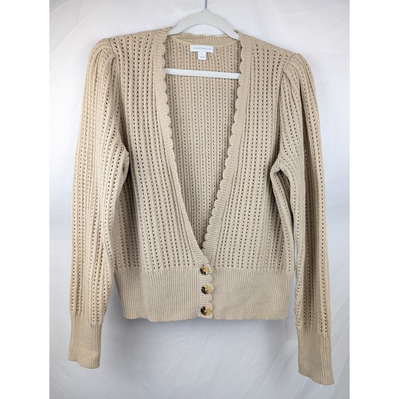 Charter Club Crochet Knit Cardigan Button Tan Beige V Neck L Preppy Coquette - Picture 2 of 10